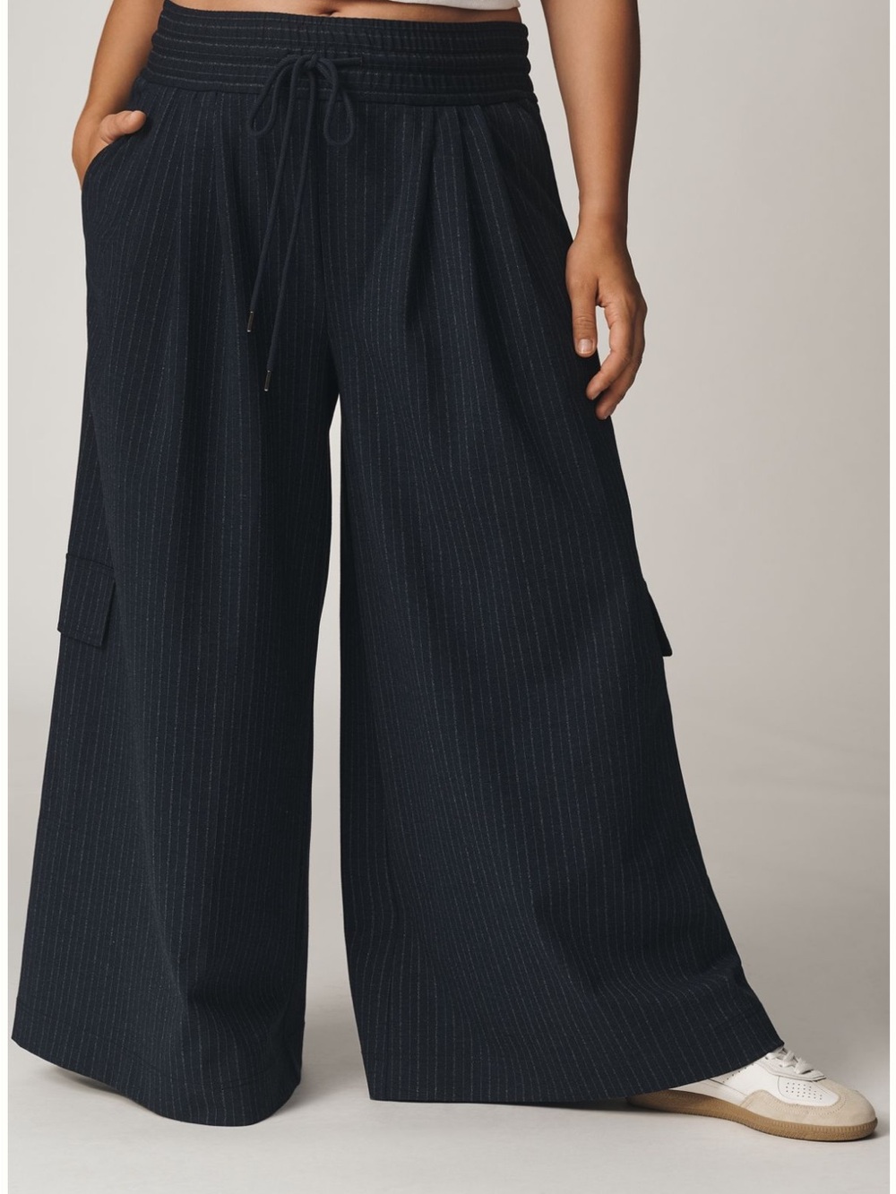 Maeve Wide-Leg Pinstripe Drawstring Pants in Navy - Picture 6 of 13